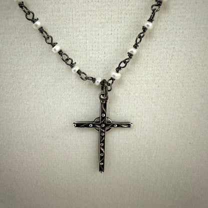 AB-N Sterling Mimi Cross on Pearl Rosary Chain