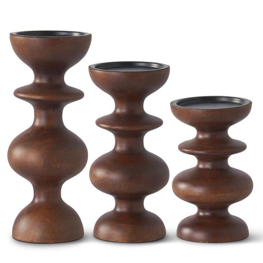 KKI Set/3 Dark Mango Wood Candleholders 12"