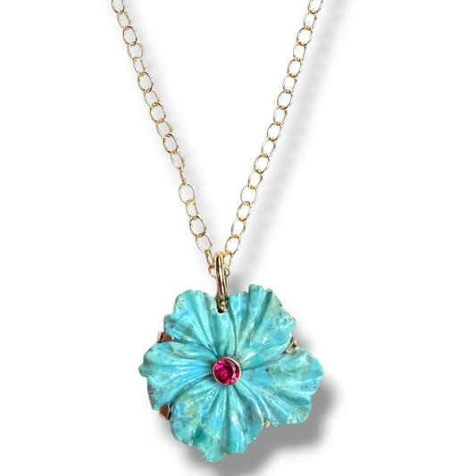 DMD N Carved Turquoise Floral Necklace - 18"