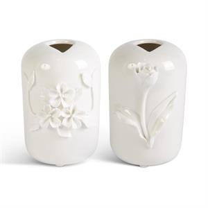 KKI Tall White Ceramic Vase with Raised Flowers 5"