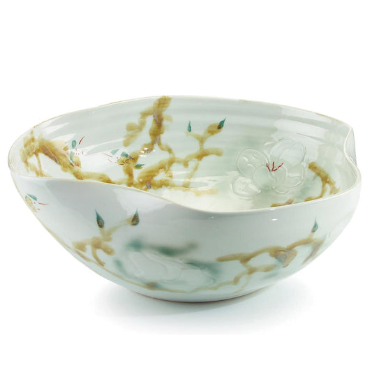 Curled-Rim Porcelain Bowl in Greens & Yellows 19"