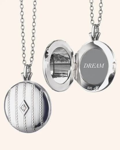 MRK Beaded Sterling Silver Locket Necklace W/ Center Diamond