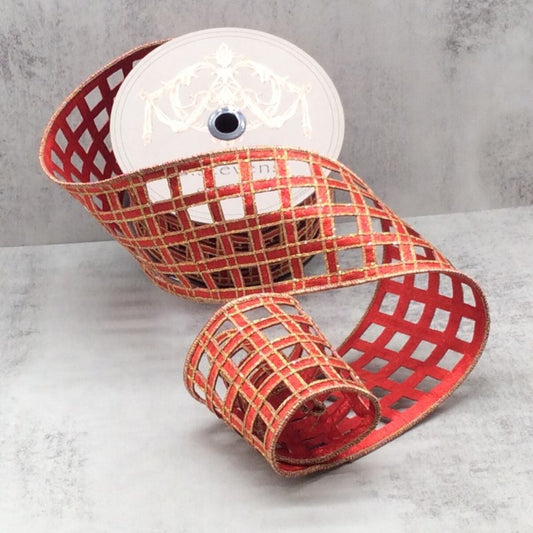 D.S 4" X 10Yds Metallic Dupion Windowpane Ribbon - Red/Gold