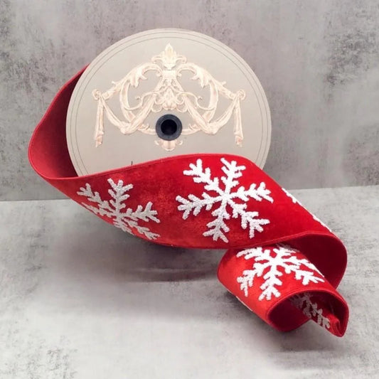 Red Velvet with White Matte Glitter Snowflake 4"x10yds