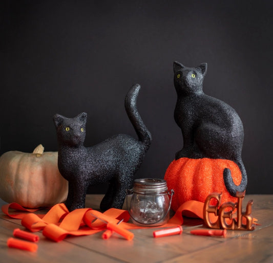 DEK Paper Mache Glittered Standing Cat (BK) 11"