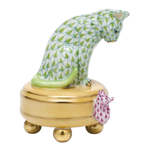 Cat on Stool with Mouse - Green & Pink