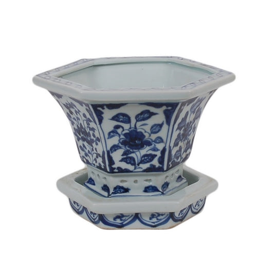 Blue & White Hexagonal Planter with Saucer 5.25"