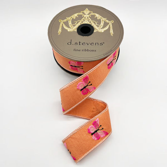 D.S 1.5" X 10Yds Dupion Embroidery Two-Tone - Pink Butterflies, Tangerine