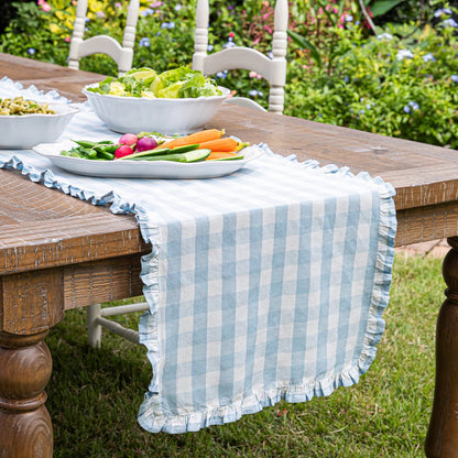 Gingham Ruffle Table Runner - Ocean - 18" X 90"