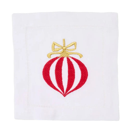 DBR Vintage Bauble Embroidered Cocktail Napkin Set/4 - Red