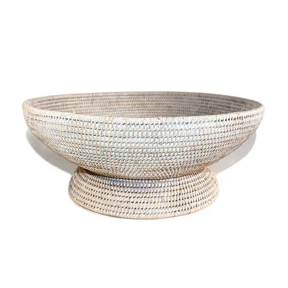 Rattan Round Pedestal Fruit Basket - White Wash