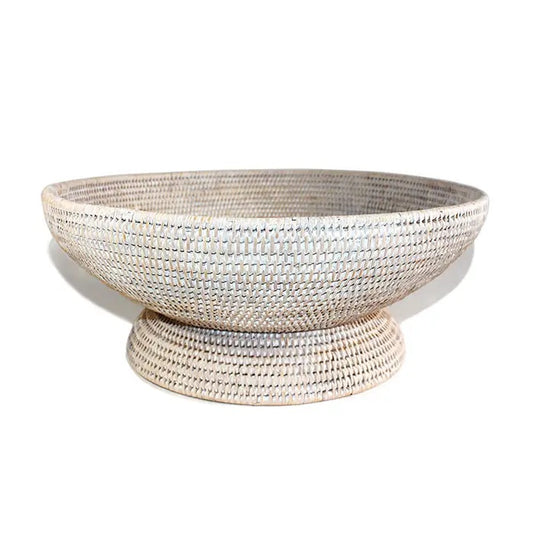 Rattan Round Pedestal Fruit Basket - White Wash
