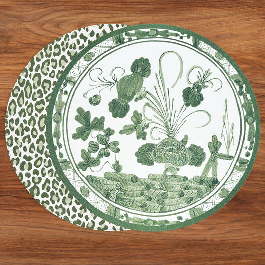 Vida - Faenza & Cheetah Reversible Round Placemats 15.5" - White & Green - Set/4