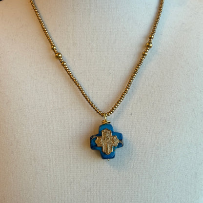 Tiny Cross on Blue Jasper Pendant with Seed Beads