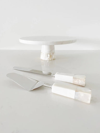 White Marble Cake Serving Set with Mother of Pearl Inlay