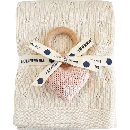 Cream Pique Blanket with Heart Rattle