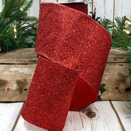 Vintage Glitter Ribbon - Red 4" X 10yds