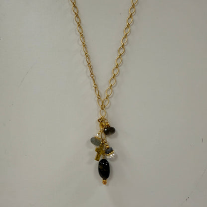 GDS Necklace - Long/Short Textured Oval Chain with Drops & Cross