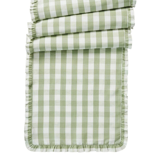 Gingham Ruffle Table Runner - Seagrass - 18" X 90"