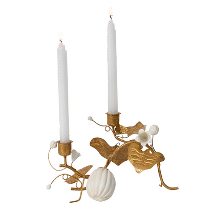 Forest Walk Pumpkin & Vine Double Candlestick Holder - Gold 11"