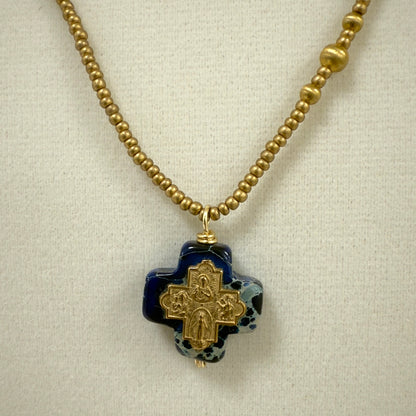 Small Cross on Blue Jasper Pendant with Seed Beads