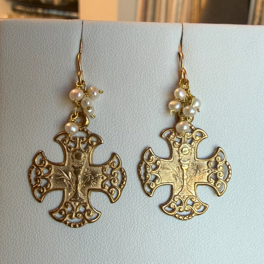 Bronze Communion Cross Earrings with White Pearls