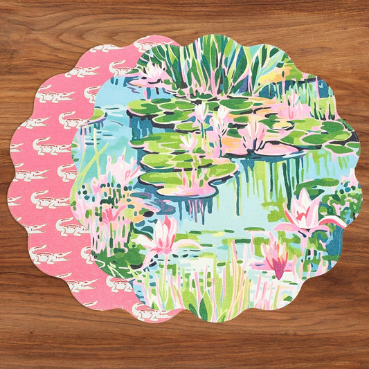 Vida - Everglades and Crocs Reversible Round Placemats 15.5" - Pink & Green - Set/4