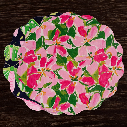 Vida - Butterflies & Flowers Reversible Round Placemats 15.5" - Pink & Green - Set/4