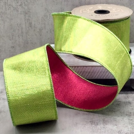 Double Sided Metallic Dupion - Lime Green & Hot Pink 2.5" x 10yds