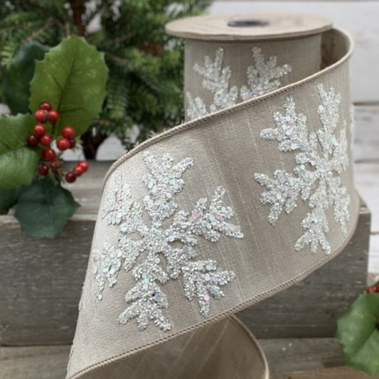 Faux Dupion Matte Glitter Snowflake - White & Ecru 4"x5yds