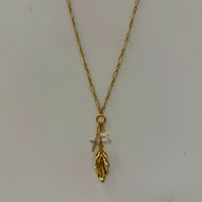 GDS Necklace - Long/Short Paperclip Chain with Leaf & Cross