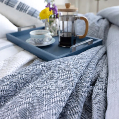 LLA River Blanket - Blue Jacquard - Cotton Linen - Queen 96x98