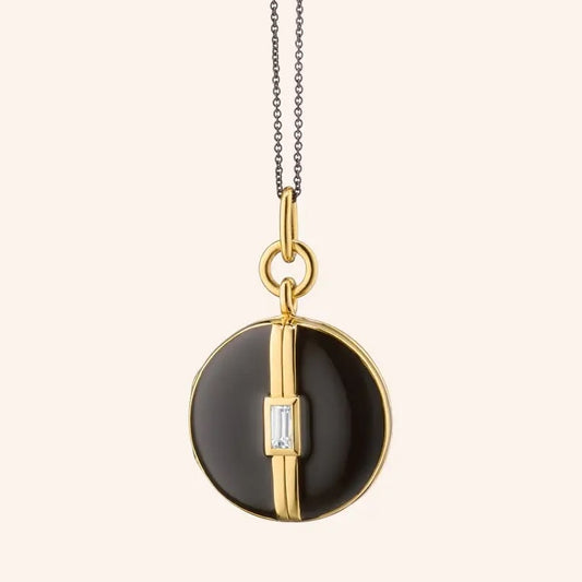 MRK Black Enamel Sterling Silver & Gold Locket Necklace W/ White Sapphire