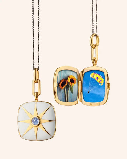 MRK White Enamel Sterling Silver & Gold Vermeil Locket Necklace W/Blue Sapphire