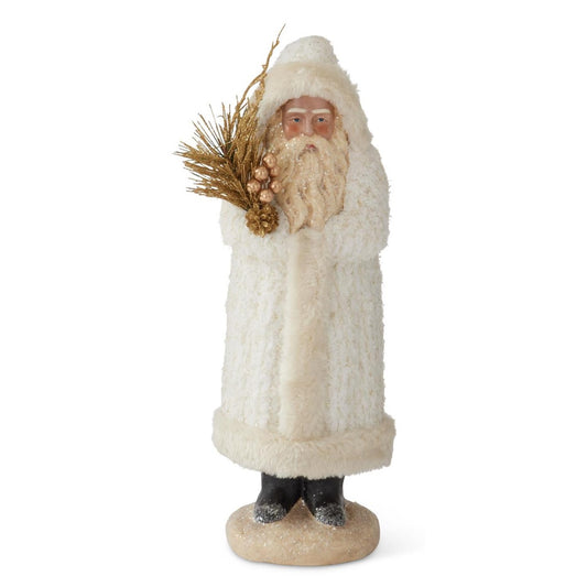 KKI Santa W/White Fleece Coat Holding Gold Branch - 14.5"