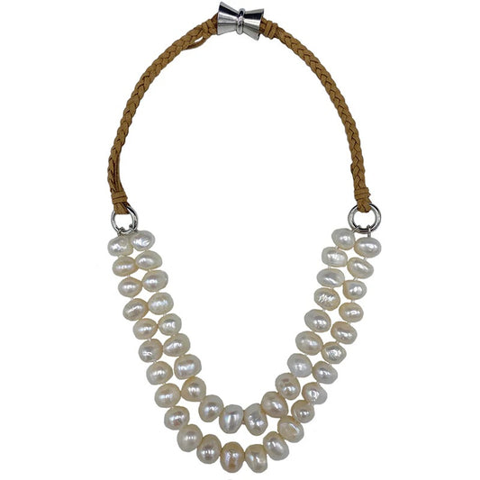 Short Bombay Necklace - White Pearls & Tan Suede 19"