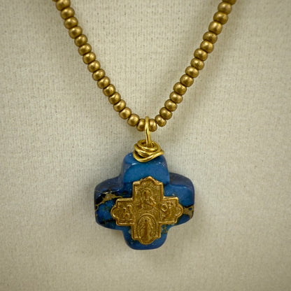 AB-N Small Cross on Blue Jasper with Seed Beads