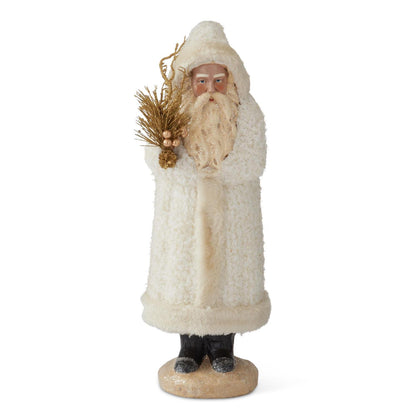 KKI Santa W/White Fleece Coat Holding Gold Branch - 17.5"