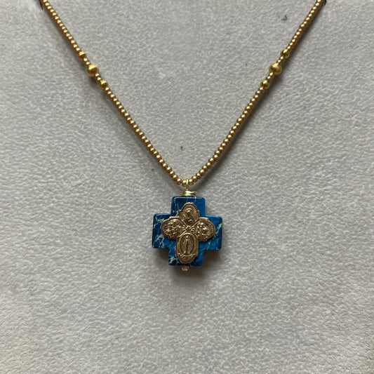 AB-N Small Cross on Blue Jasper with Seed Beads