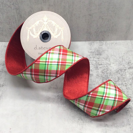 D.S 2.5" X 10Yds Dupion Diagonal Jackson Plaid Ribbon - Red, Green, White