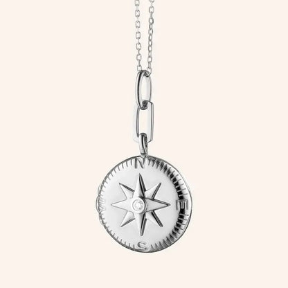 MRK "Adventure" Compass Sterling Silver Locket Necklace W/ White Sapphire 18"