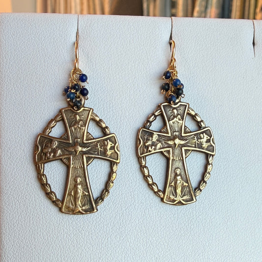 Bronze Celtic Cross Earrings with Blue Pearls