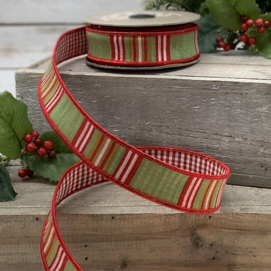 Faux Dupion North Pole Plaid Green & Pink with Red Check Back 1" x 10yds
