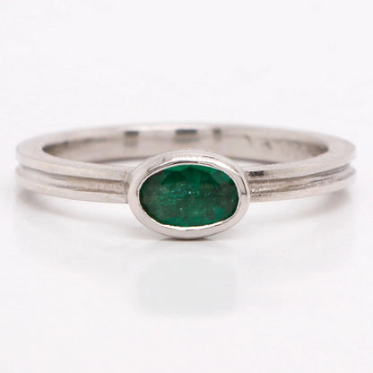 Platinum Grooved Band with Oval Emerald