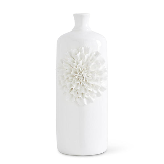 White Ceramic Bottle Vase with Raised Carnation Flower 20"