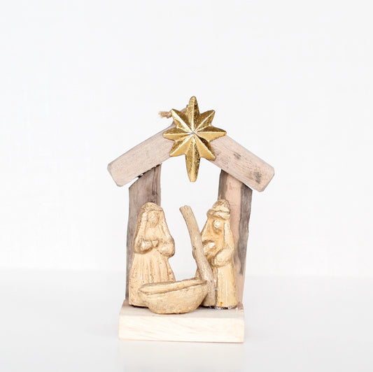 DEK Driftwood Holy Family W/Star Ornament (NAT/GO) 5"