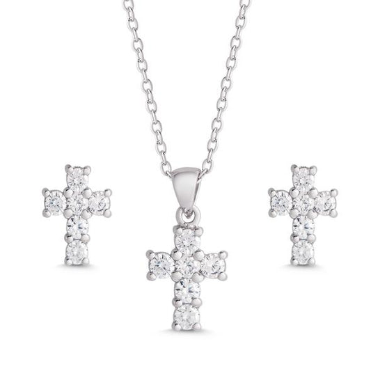 LYN Cross Necklace & Earring CZ Set in Silver (S-311)