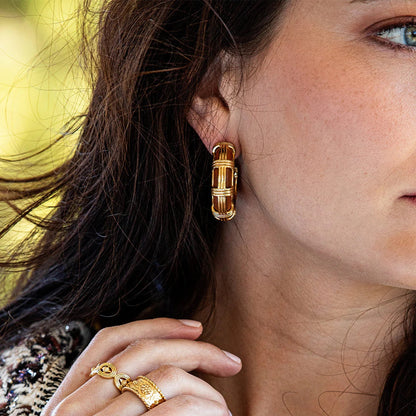 Gaia - Cage Hoop Earrings in Teak & Gold