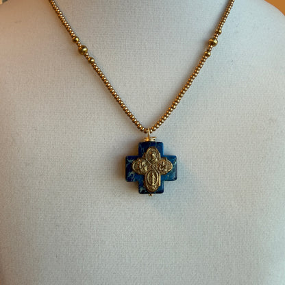 Small Cross on Blue Jasper Pendant with Seed Beads