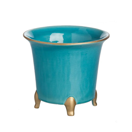 Small Round Turquoise & Gold Cachepot 7"